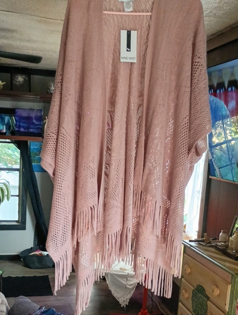 Nine West Blush Open-Knit Fringe Poncho